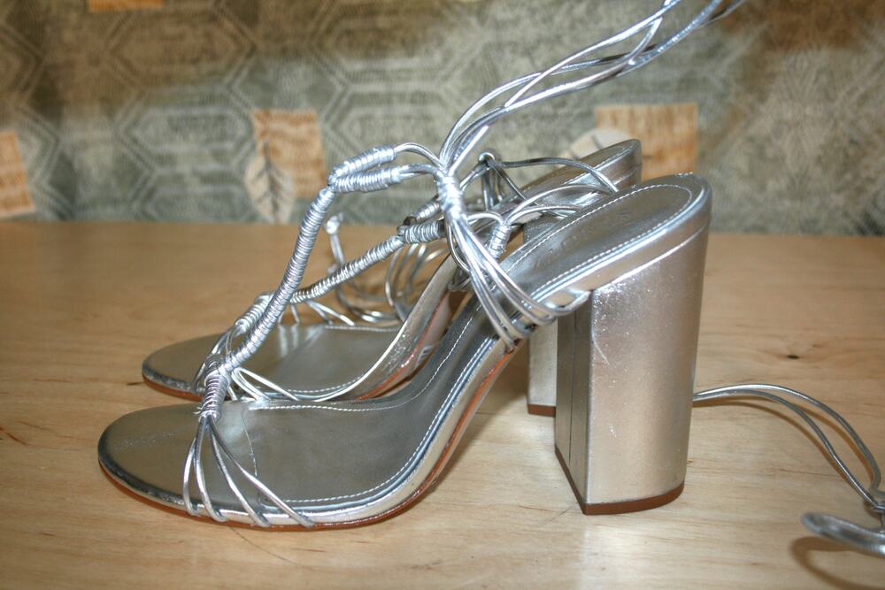 New Schutz Amunet Beaded Metallic Silver Leather Ankle Strap Heels 11 B